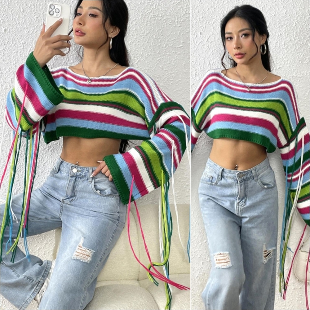 Fringe Fiesta Cropped Knit Top - Sky Blue